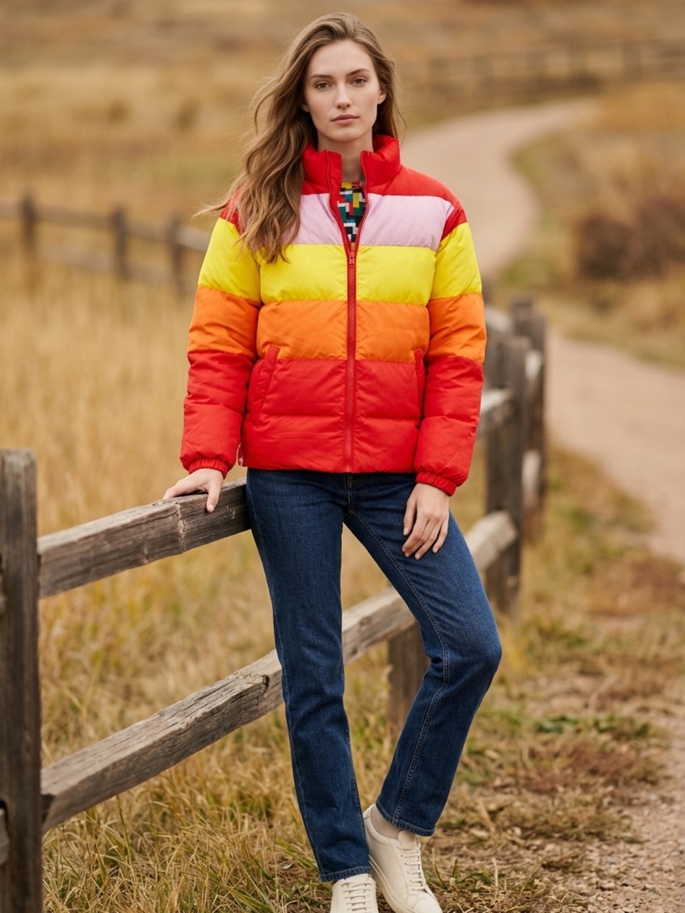 Lego Multicolor Stripe Puffer Jacket in Red, Orange, Yellow, Pink
